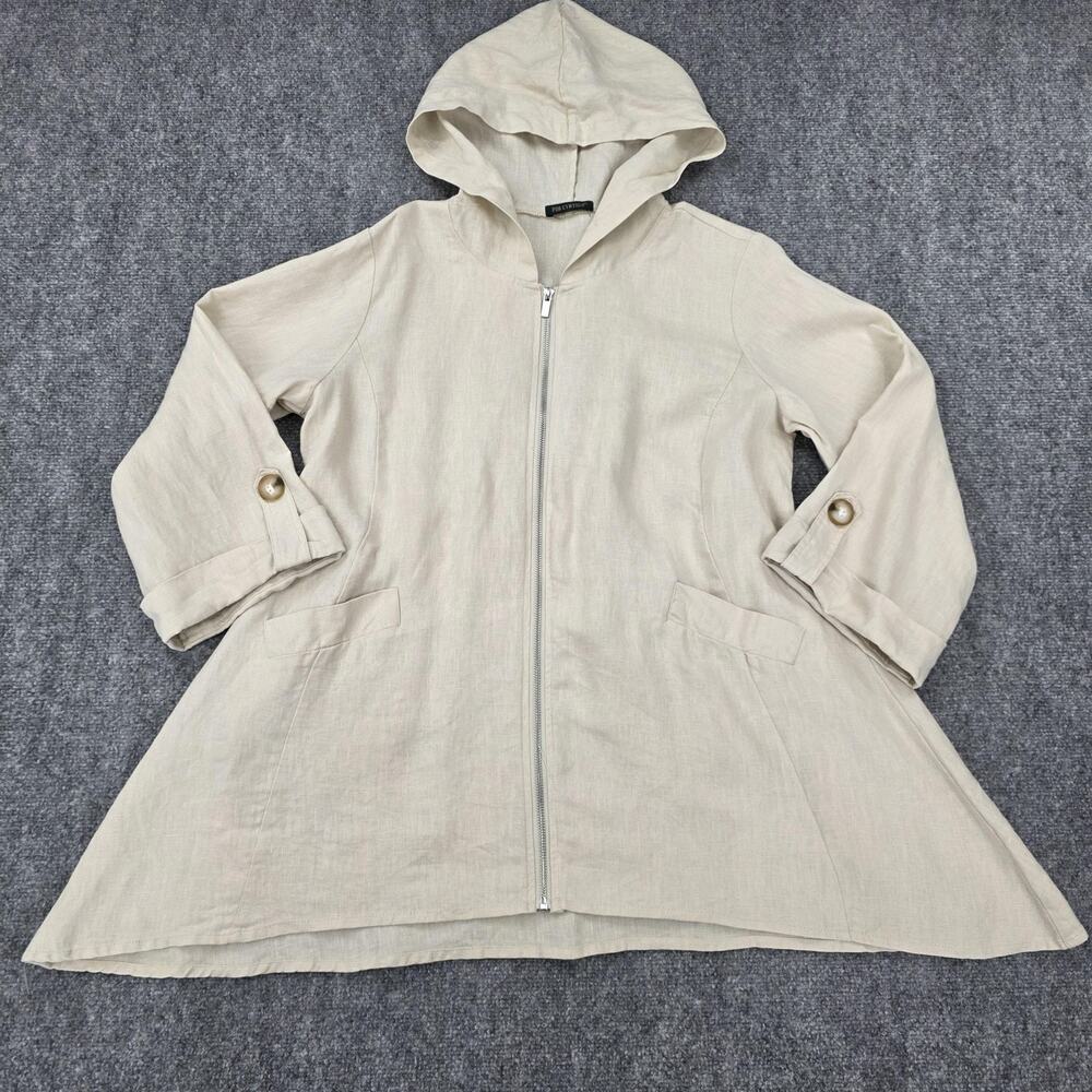 For Cynthia Jacket Womens Large Beige Hooded 100% Linen Flare Button Detail Coat